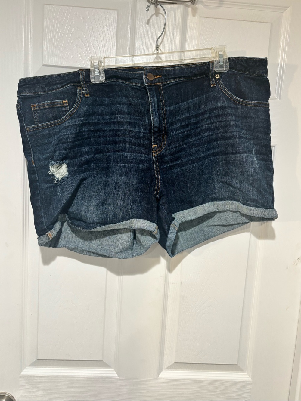 AVA & VIV Dark Blue Denim Cuffed Women’s Mid Rise Midi Distressed Shorts